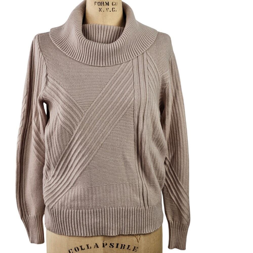 Chicos taupe cowl sweater cable modest minimalist preppy classic S Chicos O